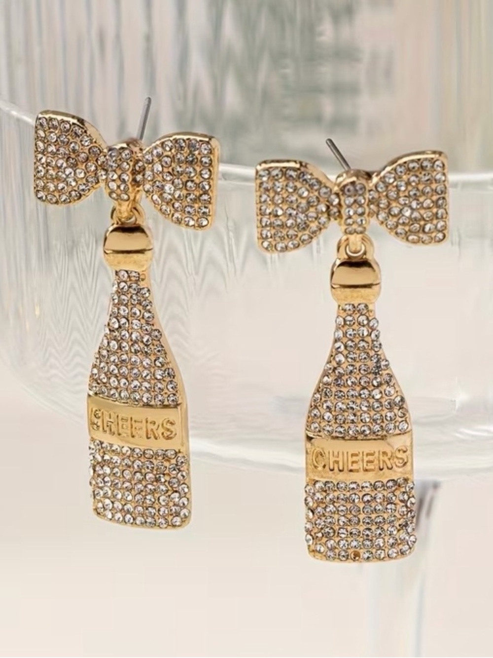 Gold Crystal 'Cheers' Champagne Bottle Drop Earrings - Picture 5 of 5